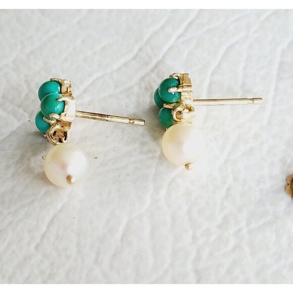 Vintage 14k Yellow Gold Bead Turquoise & 5.9mm Pearl Floral Dangle Earrings 2.1g - Picture 9 of 12